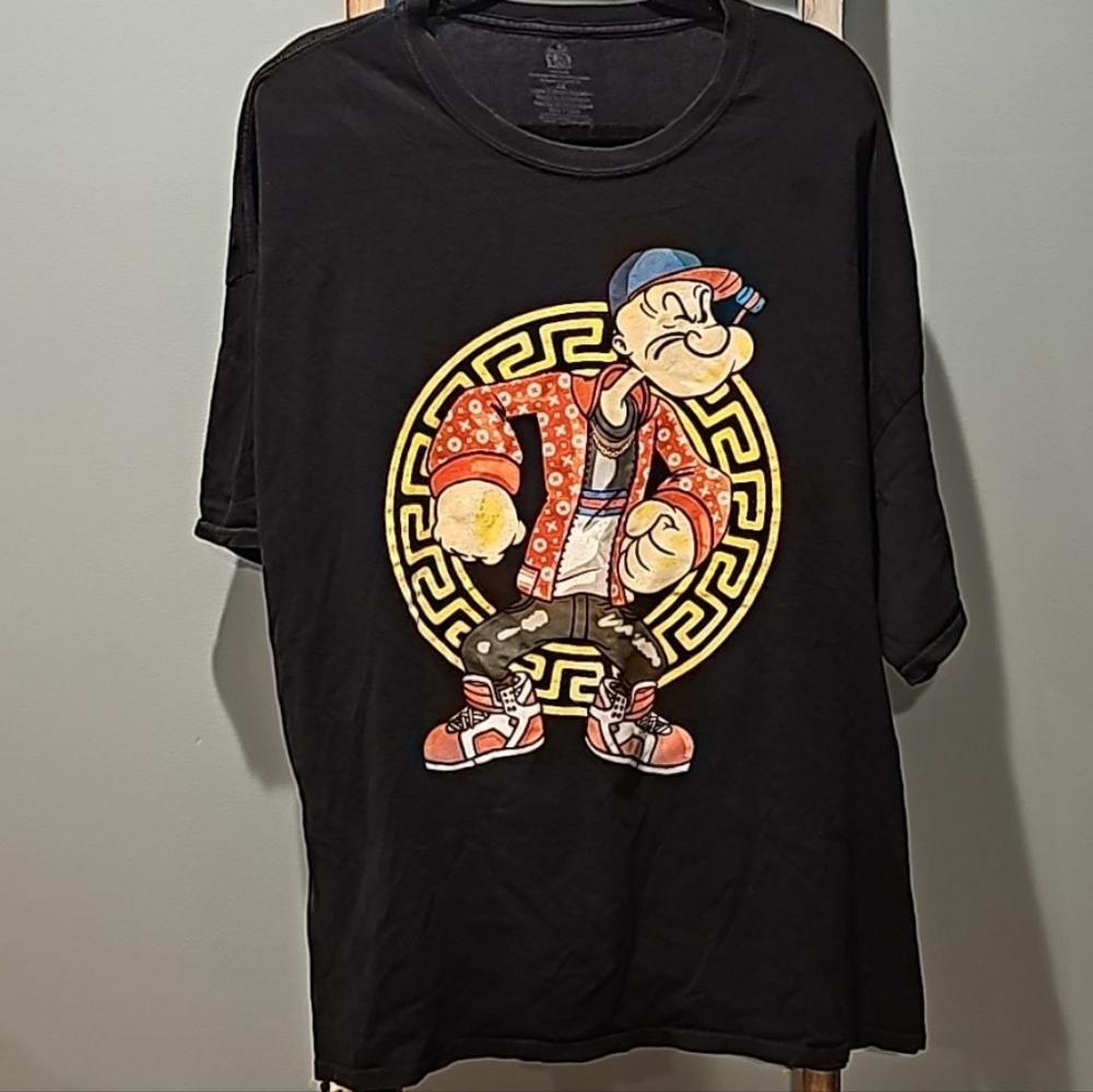 Popey The Sailor Man Graphic Ganster Short Sleeve Black T-Shirt - Unisex